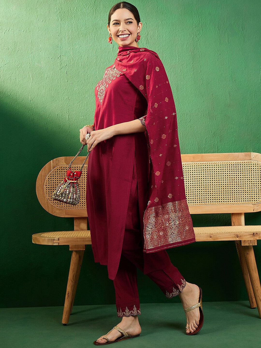 Maroon & Silver Toned Embroidered Straight Kurta With Trouser & Dupatta Set