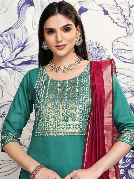 Green Ethnic Motifs Yoke Design Regular Straight Kurta With Palazzos & Dupatta