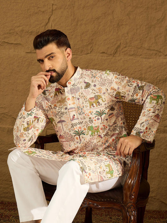 Ethnic Motifs Printed Mandarin Collar Straight Kurta & Trousers