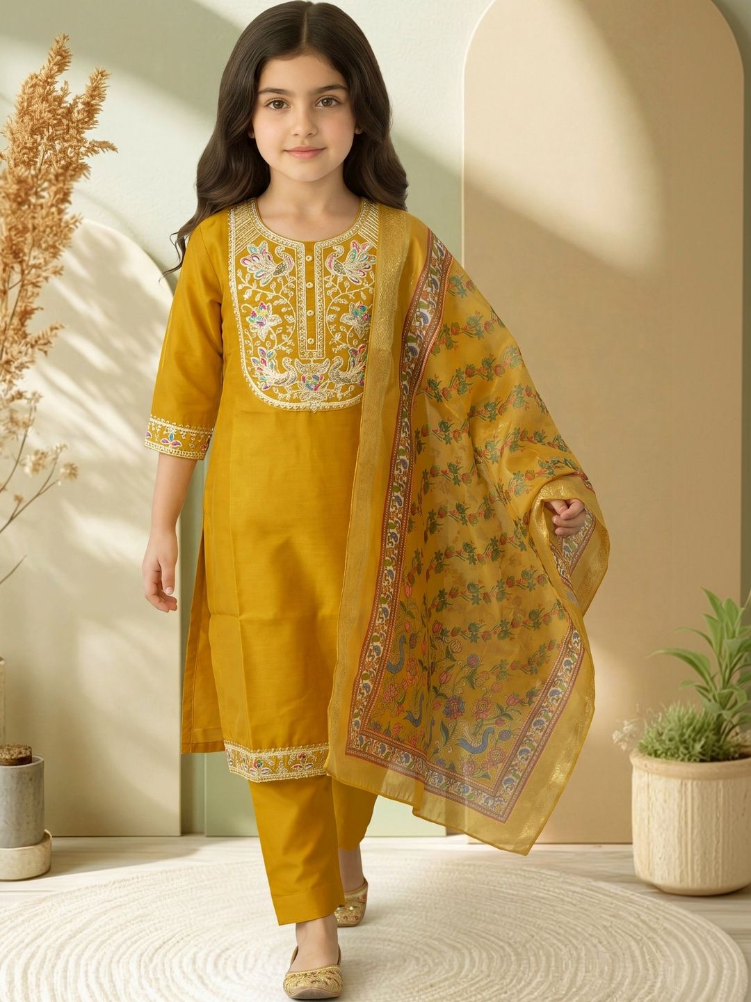Girls Ethnic Motifs Embroidered Regular Thread Work Kurta with Trousers & With Dupatta