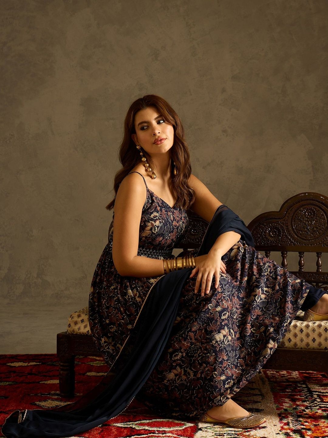 Floral Printed Shoulder Straps Empire A-Line Kurta With Trousers & Dupatta