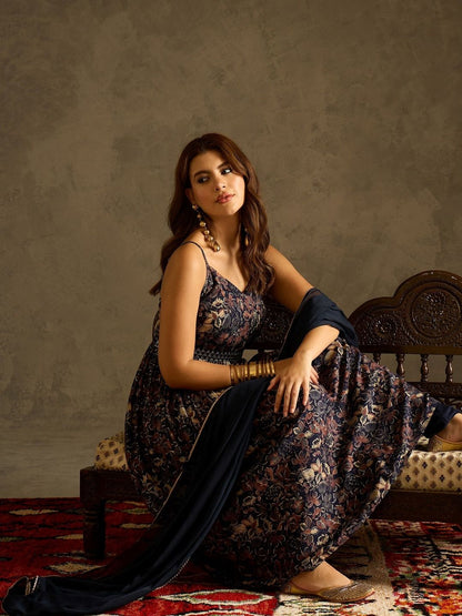 Floral Printed Shoulder Straps Empire A-Line Kurta With Trousers & Dupatta