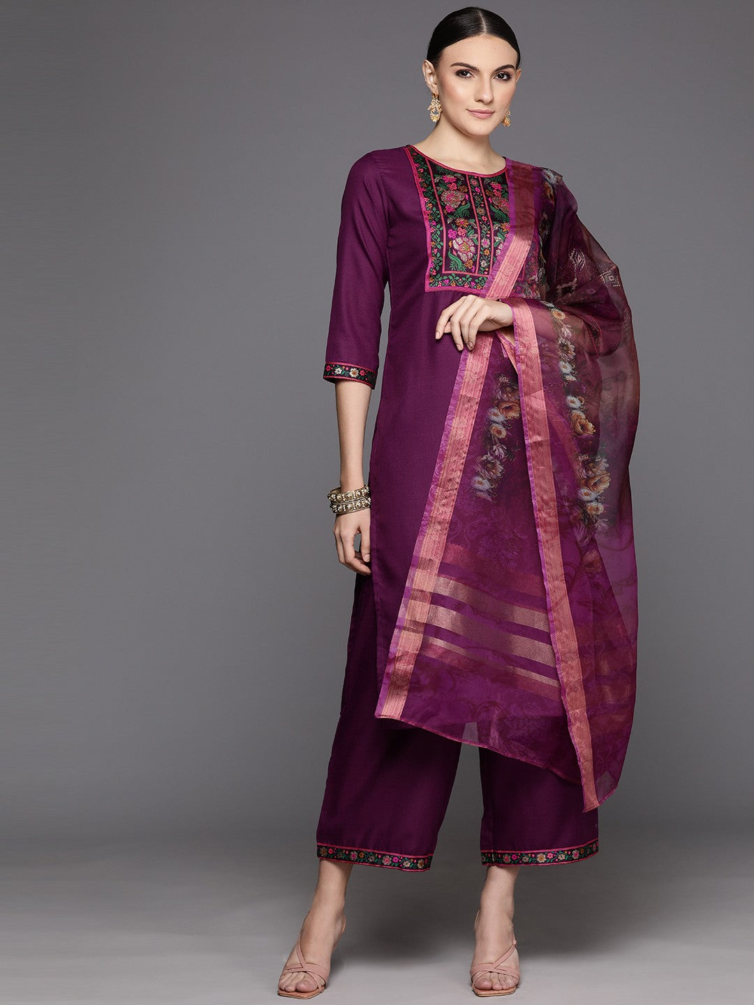 Women Purple Yoke Design Regular Kurta with Palazzos & With Dupatta