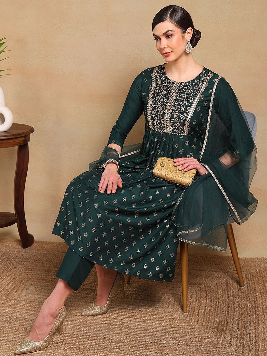 Ethnic Motifs Embroidered Empire Mirror Work Kurta with Trousers & Dupatta