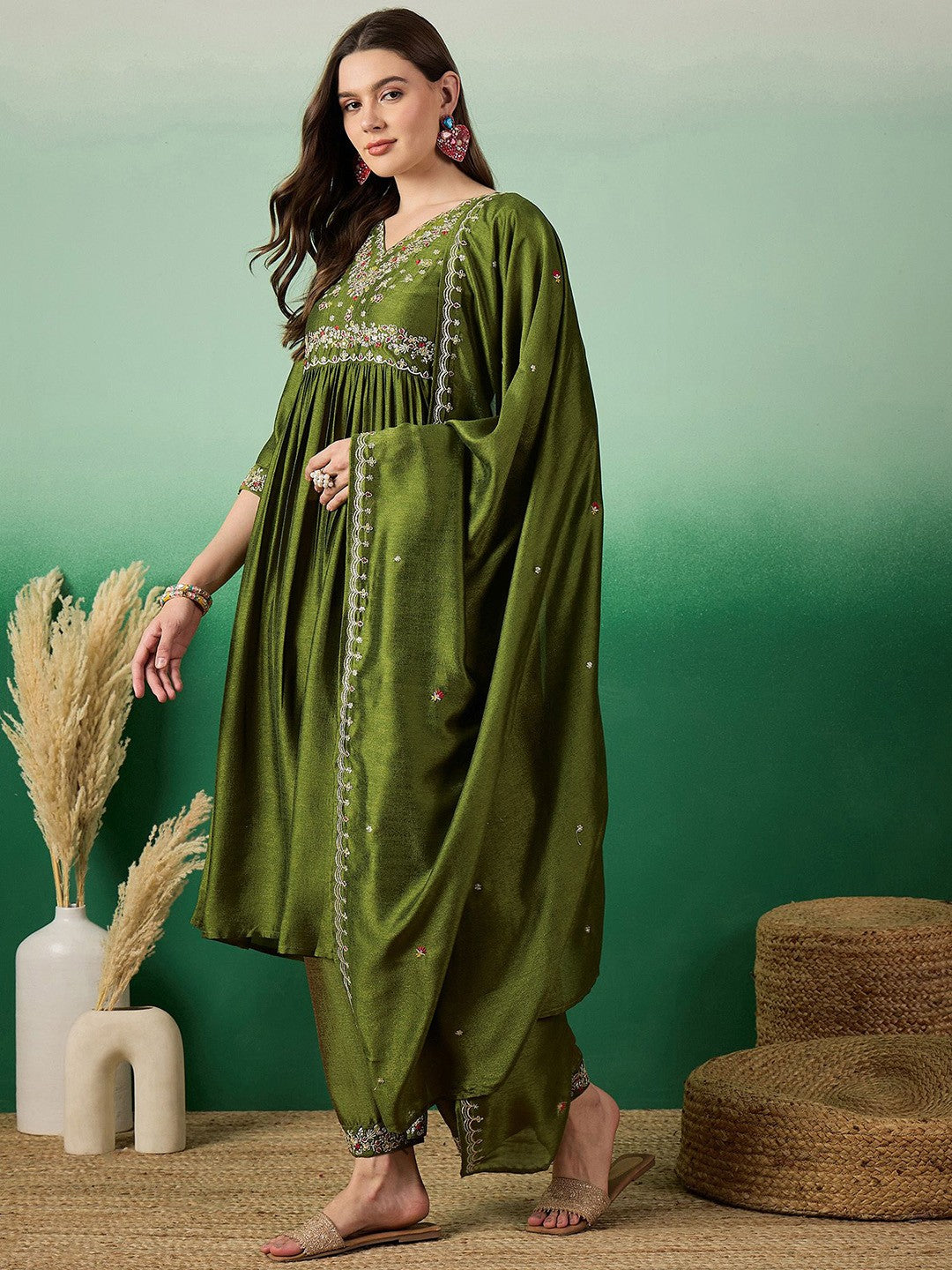 Floral Embroidered A-Line Kurta With Palazzo & Dupatta