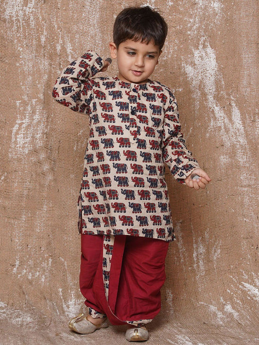 Boys Quirky Printed Pure Cotton Straight Kurta With Dhoti Pants