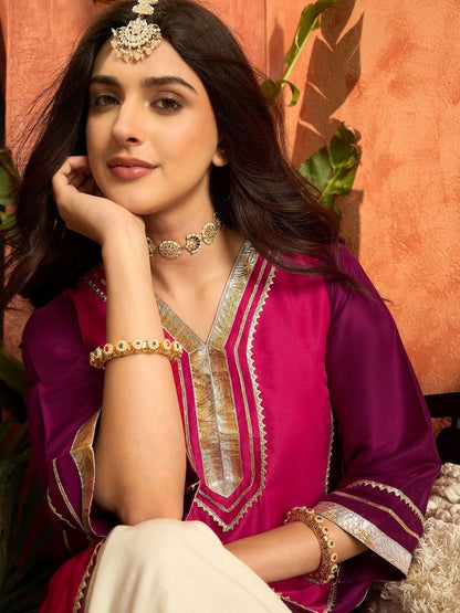 Women Cotton Silk Gota Patti Work High-Low Kurti With Farshi Salwar