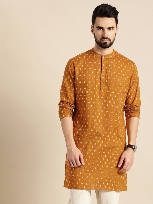 Men Mustard Yellow & White Geometric Printed Kurta