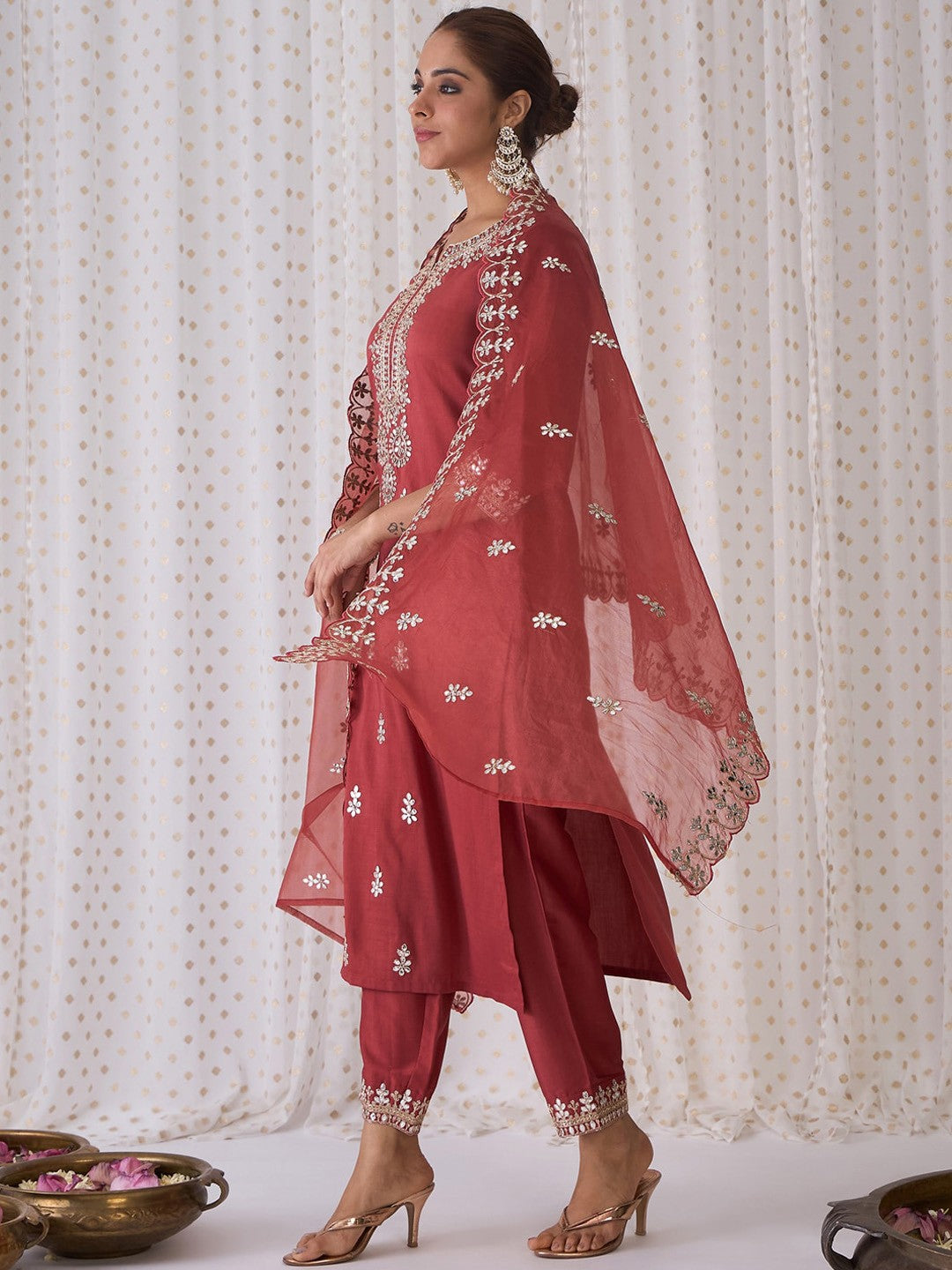 Ethnic Motifs Embroidered Notched Neck Straight Kurta with Trousers & Dupatta