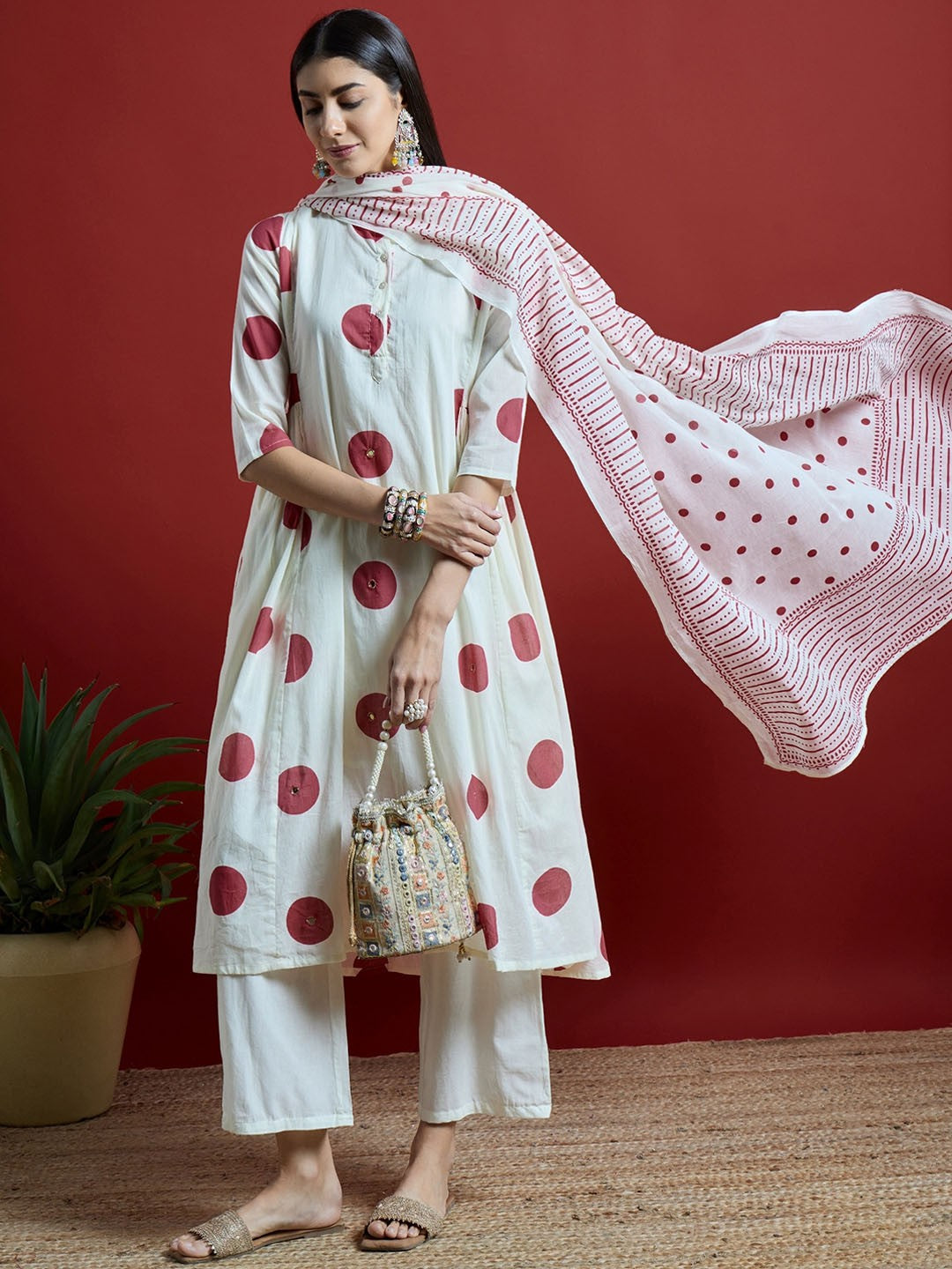 Maroon & Off White Geometric Printed Pure Cotton Kurta with Palazzos & With Dupatta