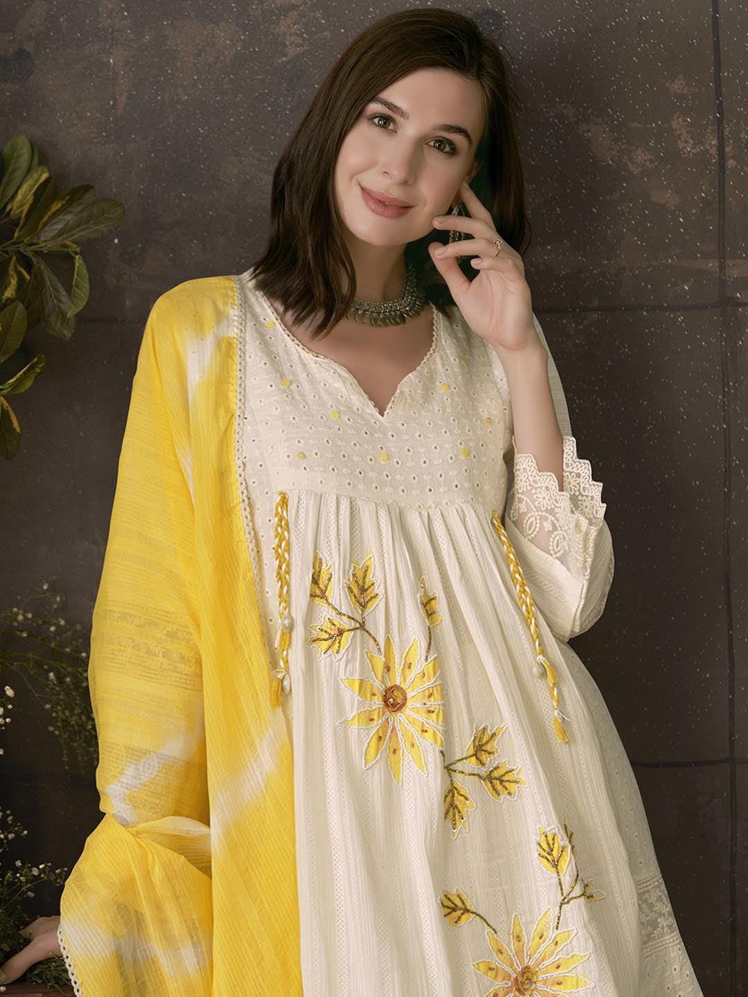 Embroidered Pleated Chikankari Pure Cotton A-Line Kurta With Trousers & Dupatta