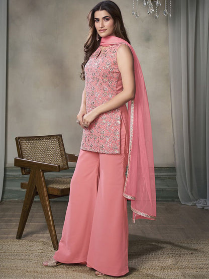 Paisley Embroidered Notch Neck Georgette Straight Kurta & Sharara with Dupatta