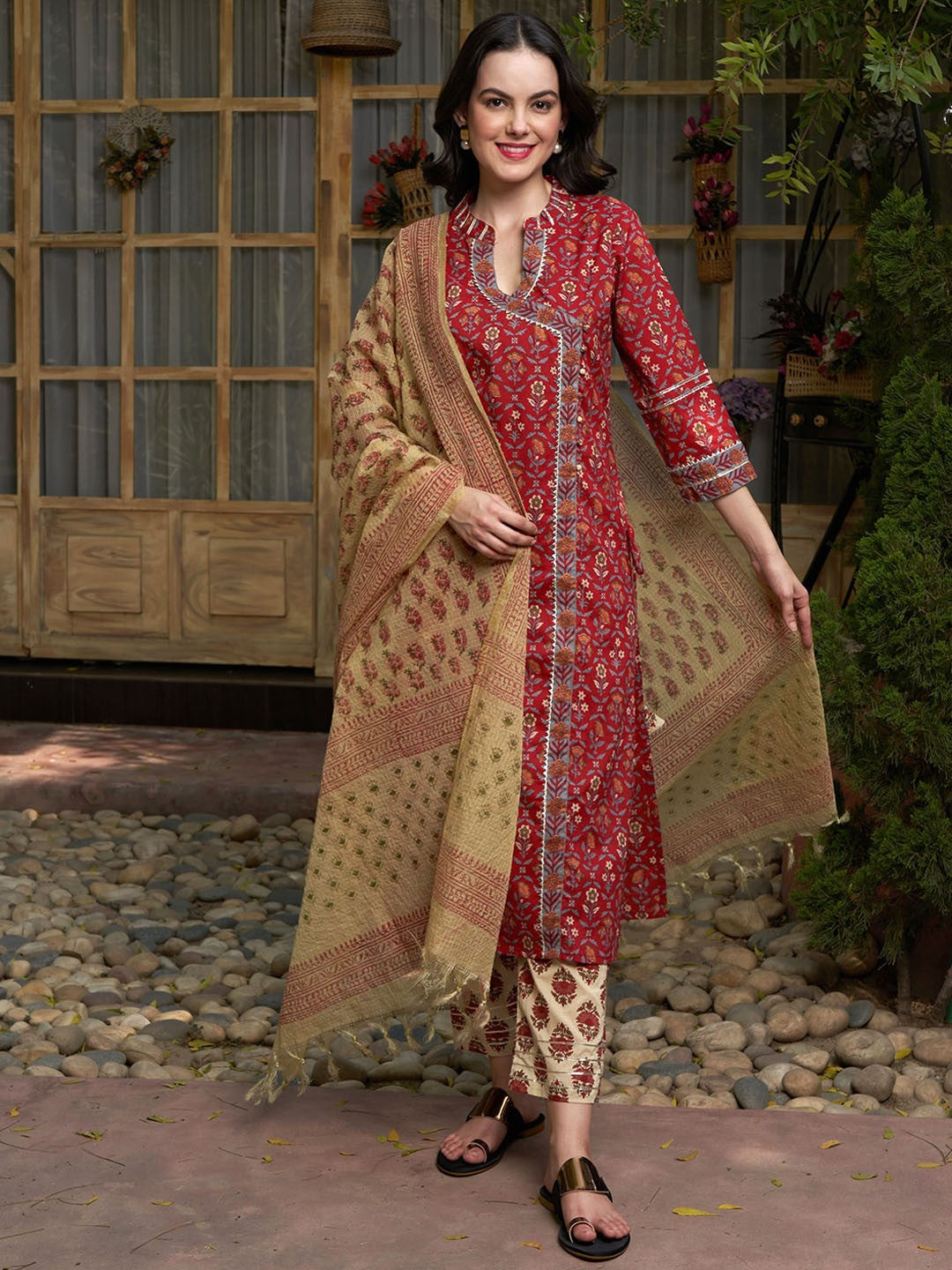 Maroon Floral Printed Angrakha Pure Cotton Kurta with Trousers & Dupatta