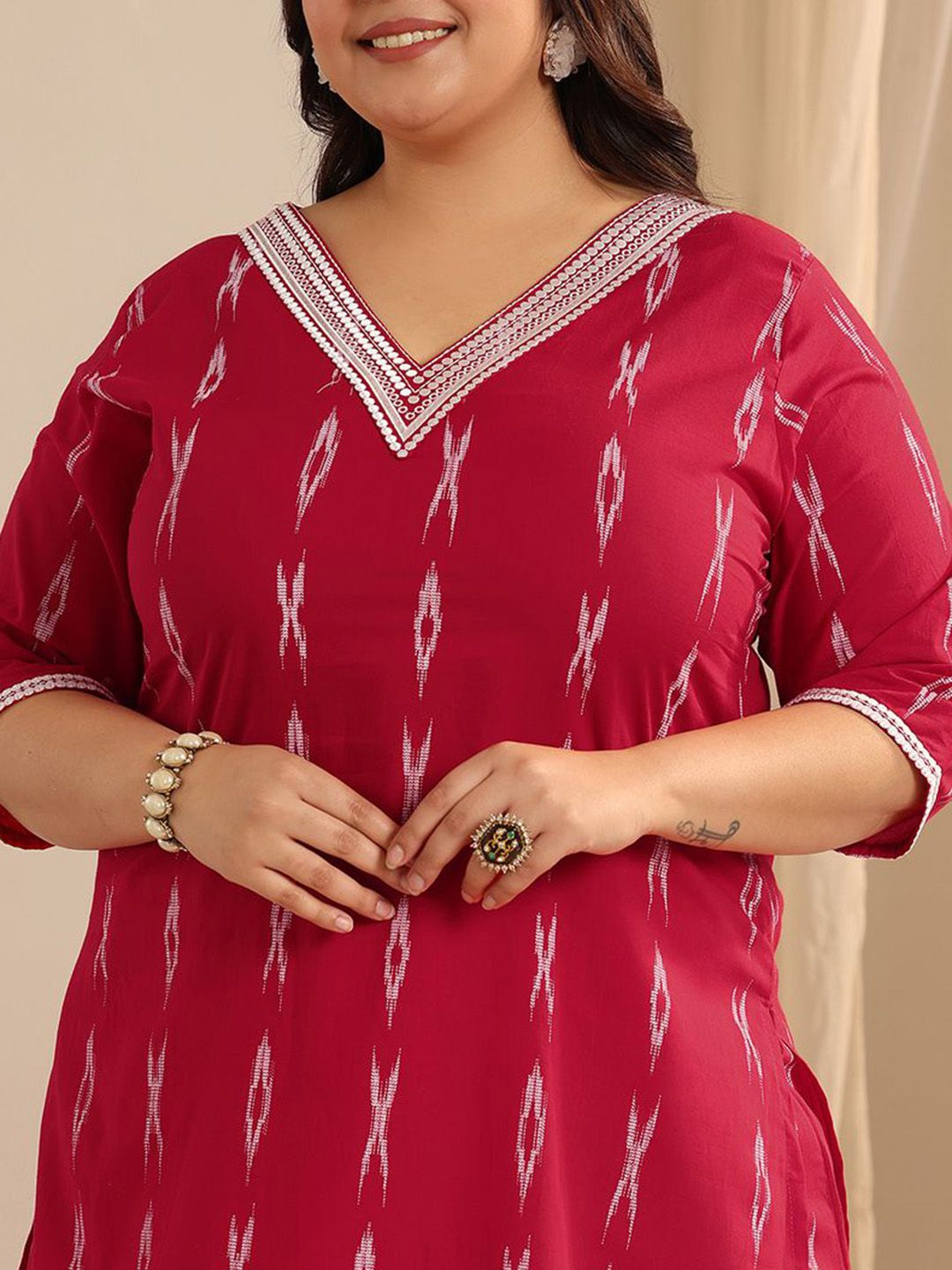 Plus Size Abstract Printed Straight Kurta With Trousers & Dupatta