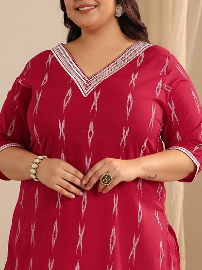 Plus Size Abstract Printed Straight Kurta With Trousers & Dupatta