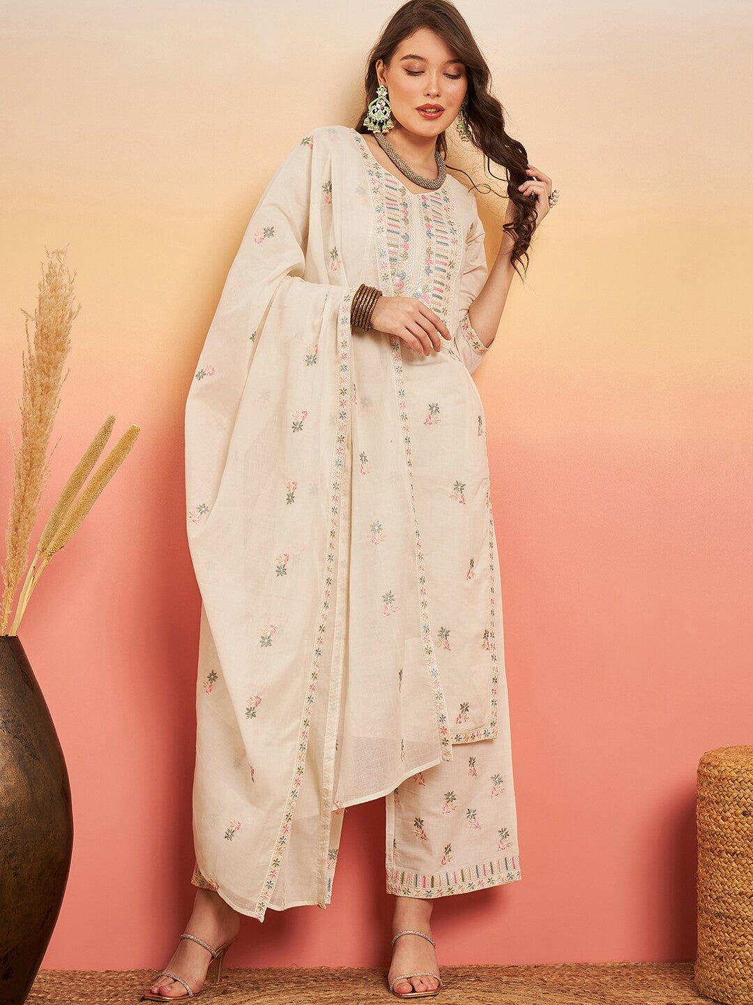 Floral Embroidered Pure Cotton Straight Kurta Set