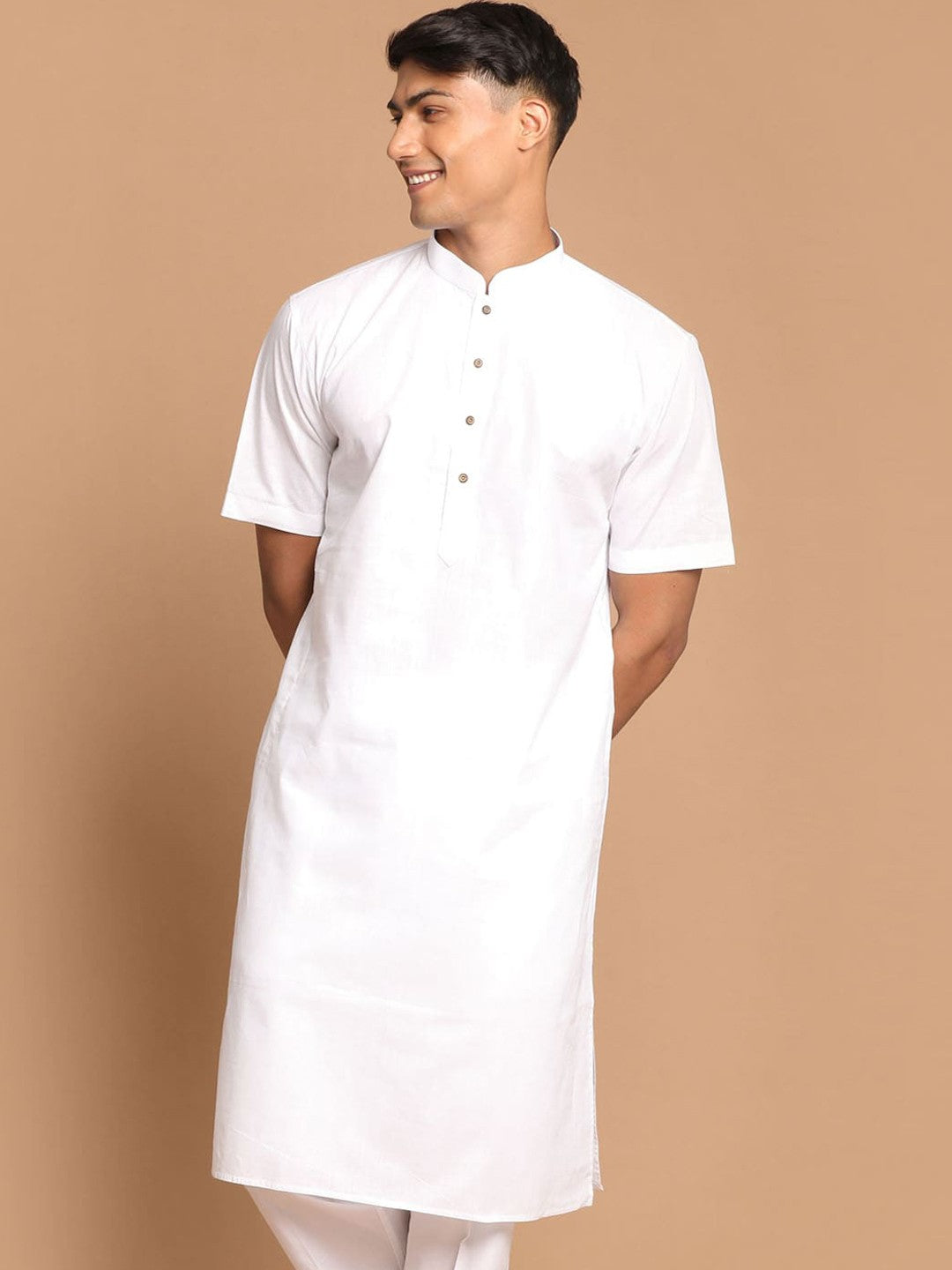 Men White Solid Cotton Linen Blend Half Sleeves Kurta