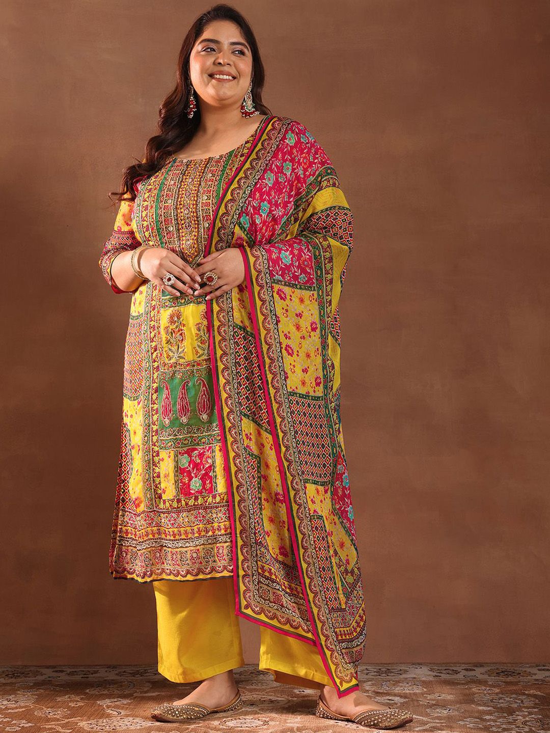Extra Love By Libas Plus Size Women Ethnic Motifs Printed Kurta with Palazzos & Dupatta