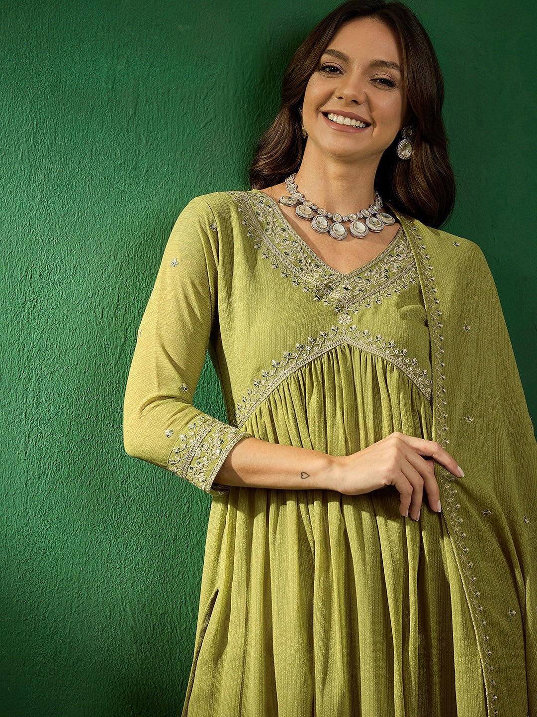 Embroidered V-Neck Kurta With Trousers & Dupatta