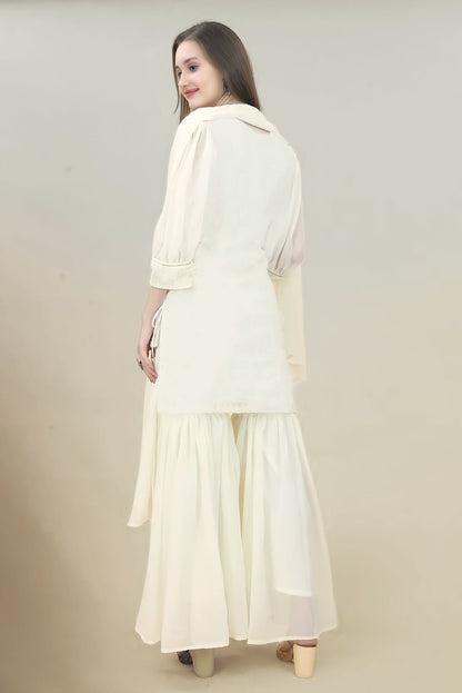 V-Neck Embroidered Sequinned Georgette Straight Kurta With Sharara And Dupatta
