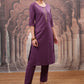 Purple Embroidered Round Neck Straight Kurta with Trouser & Dupatta