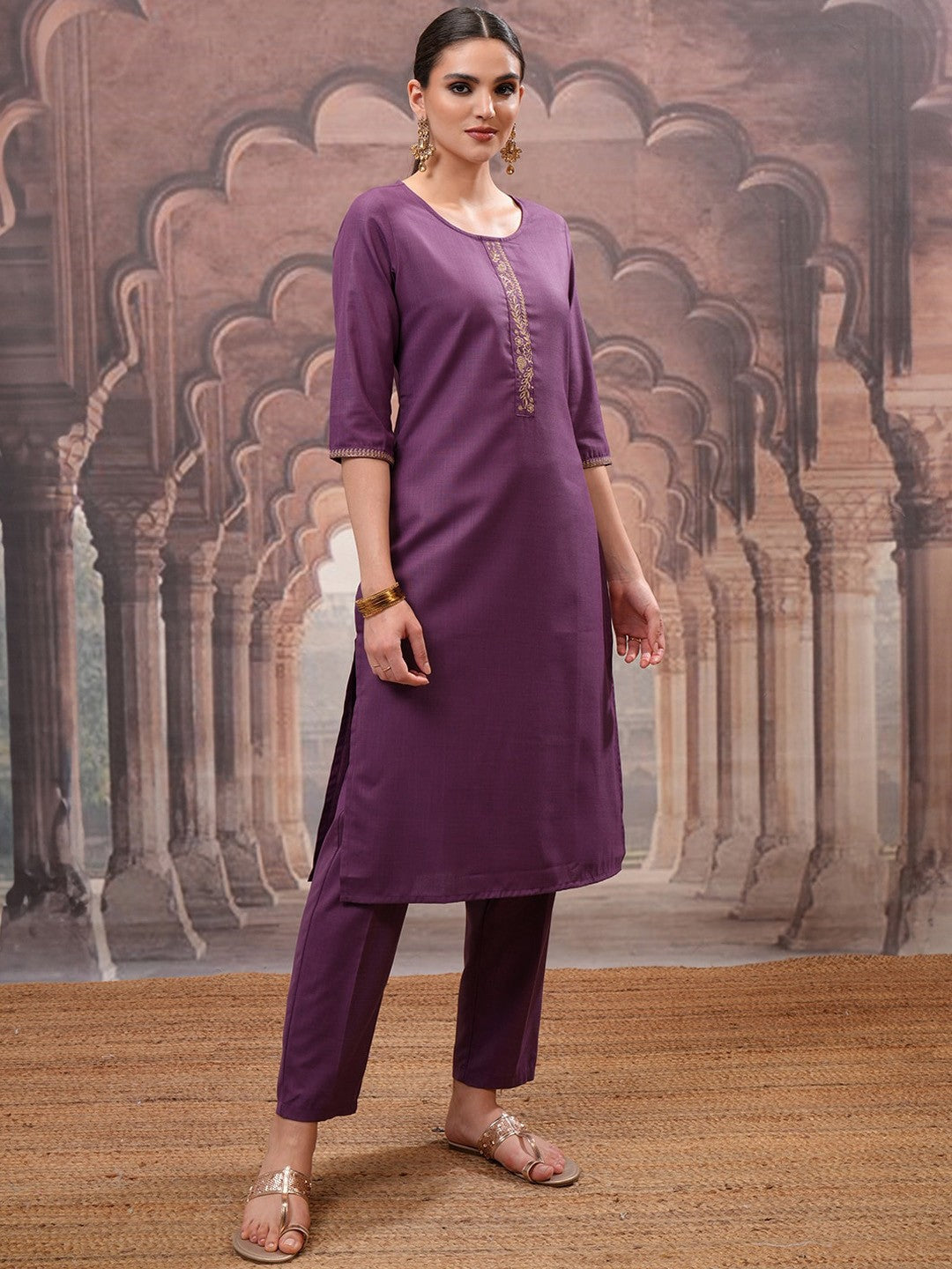 Purple Embroidered Round Neck Straight Kurta with Trouser & Dupatta