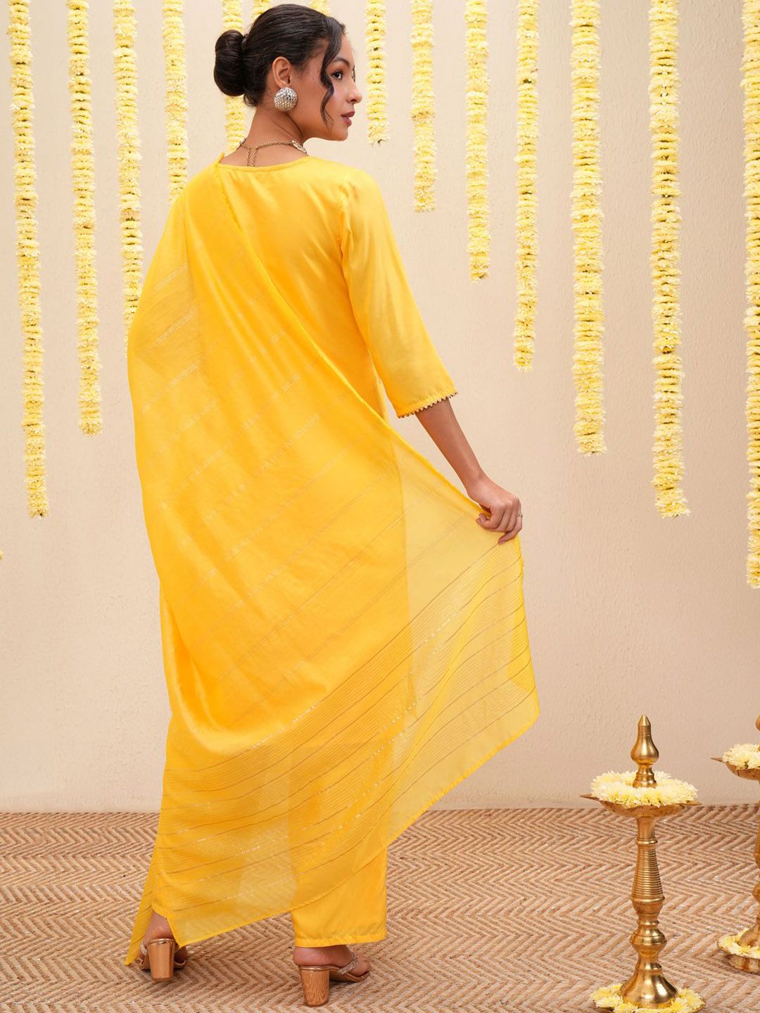 Yellow Ethnic Motifs Printed Straight Kurta with Palazzos & With Dupatta