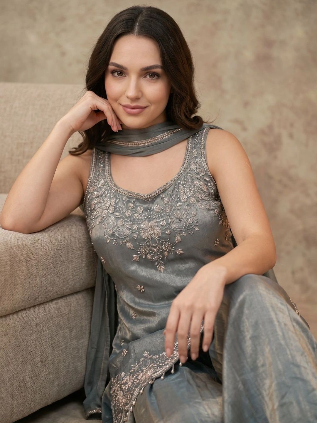 Women Ethnic Motifs Embroidered Tiered Thread Work Kurta with Sharara & With Dupatta