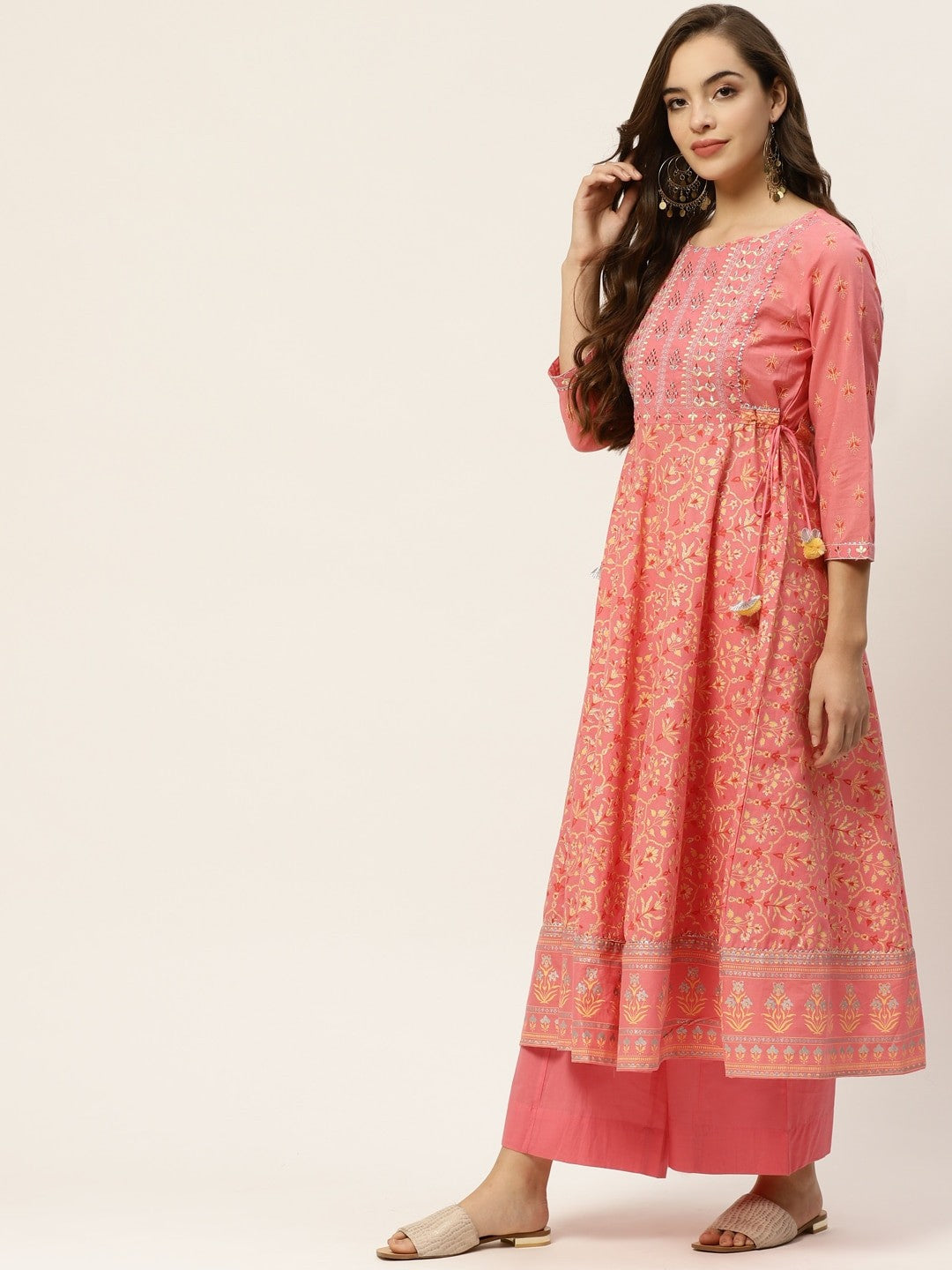 Women Coral Pink & Golden Ethnic Motifs Printed A-Line Pure Cotton Kurta Set