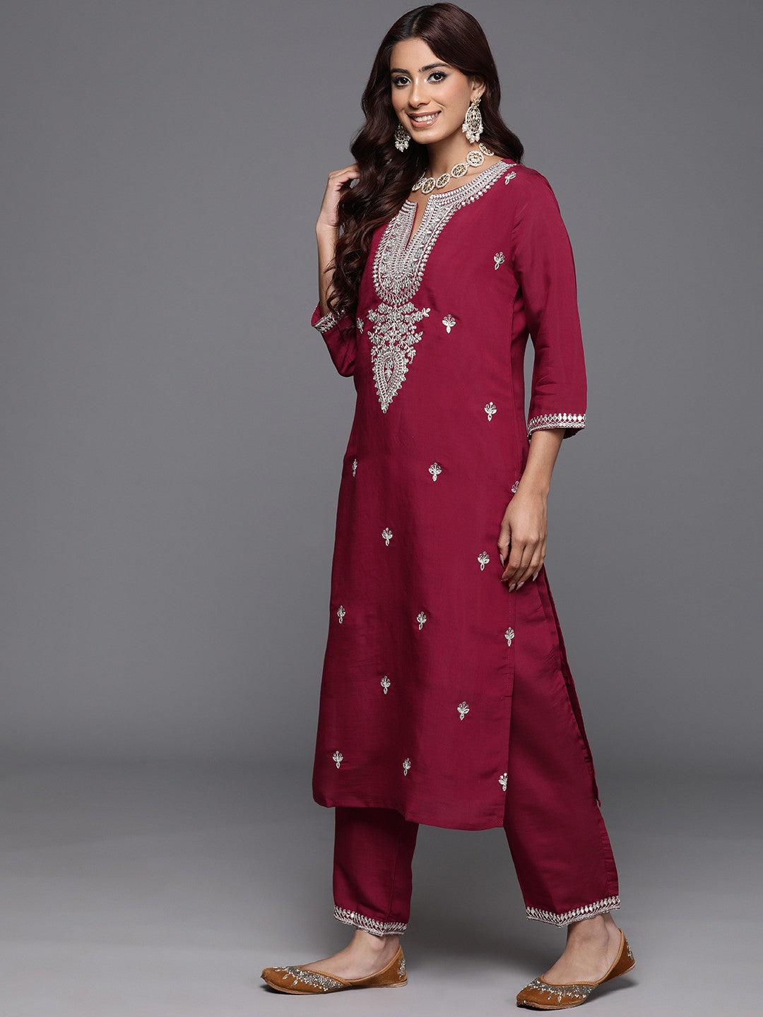 Embroidered Regular Sequinned Kurta with Trousers & Dupatta