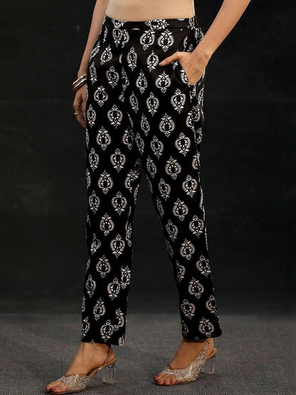 Black Block Print Cotton Straight Suit Set