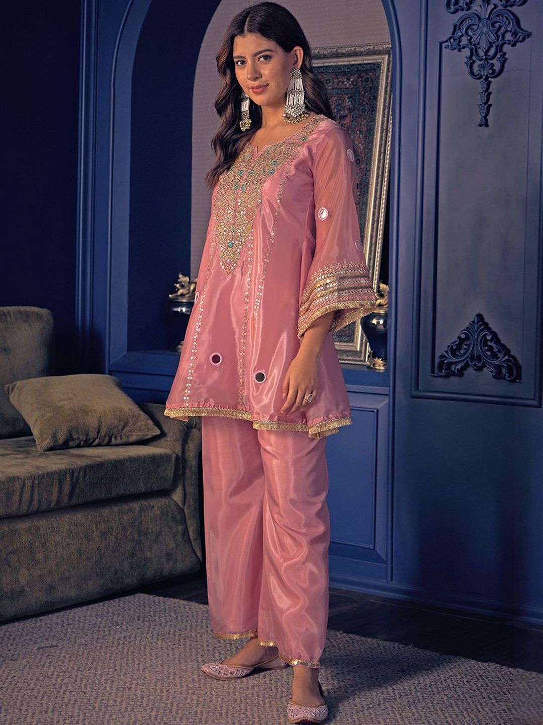 Embroidered Zari Mirror Work Ethnic Motifs Empire Kurta Trouser Set