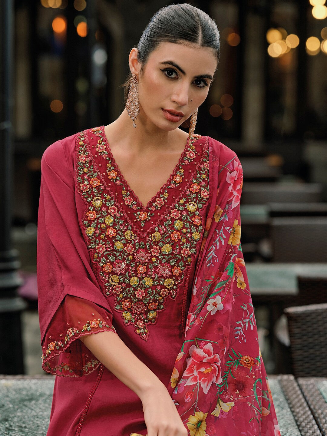 Floral Embroidered Panelled Thread Work A-Line Kurta With Trousers & Dupatta