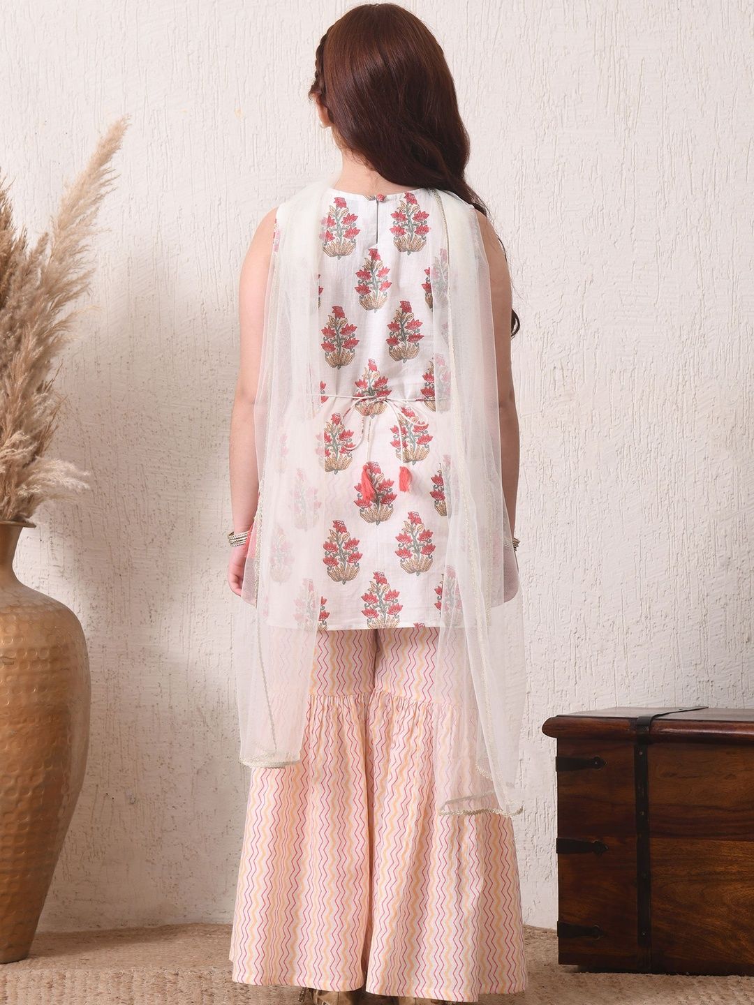 Girls Printed Pure Cotton Round Neck Kurta & Sharara With Dupatta