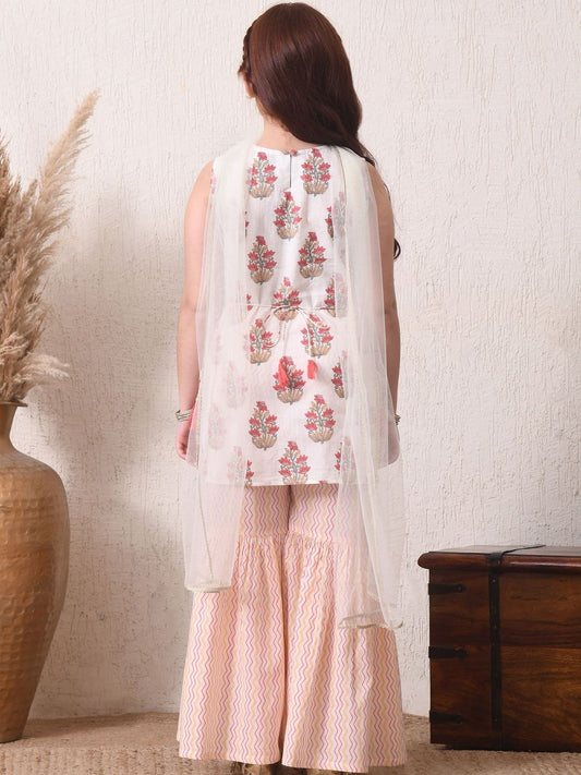 Girls Printed Pure Cotton Round Neck Kurta & Sharara With Dupatta