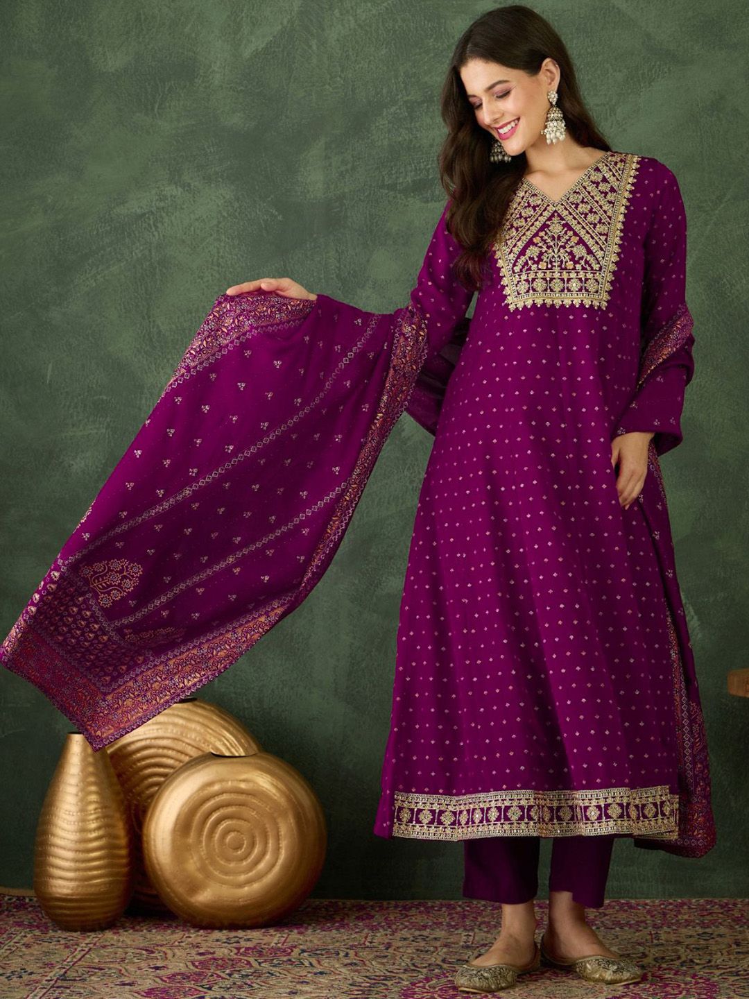 Embroidered Regular Kurta With Trousers & Dupatta