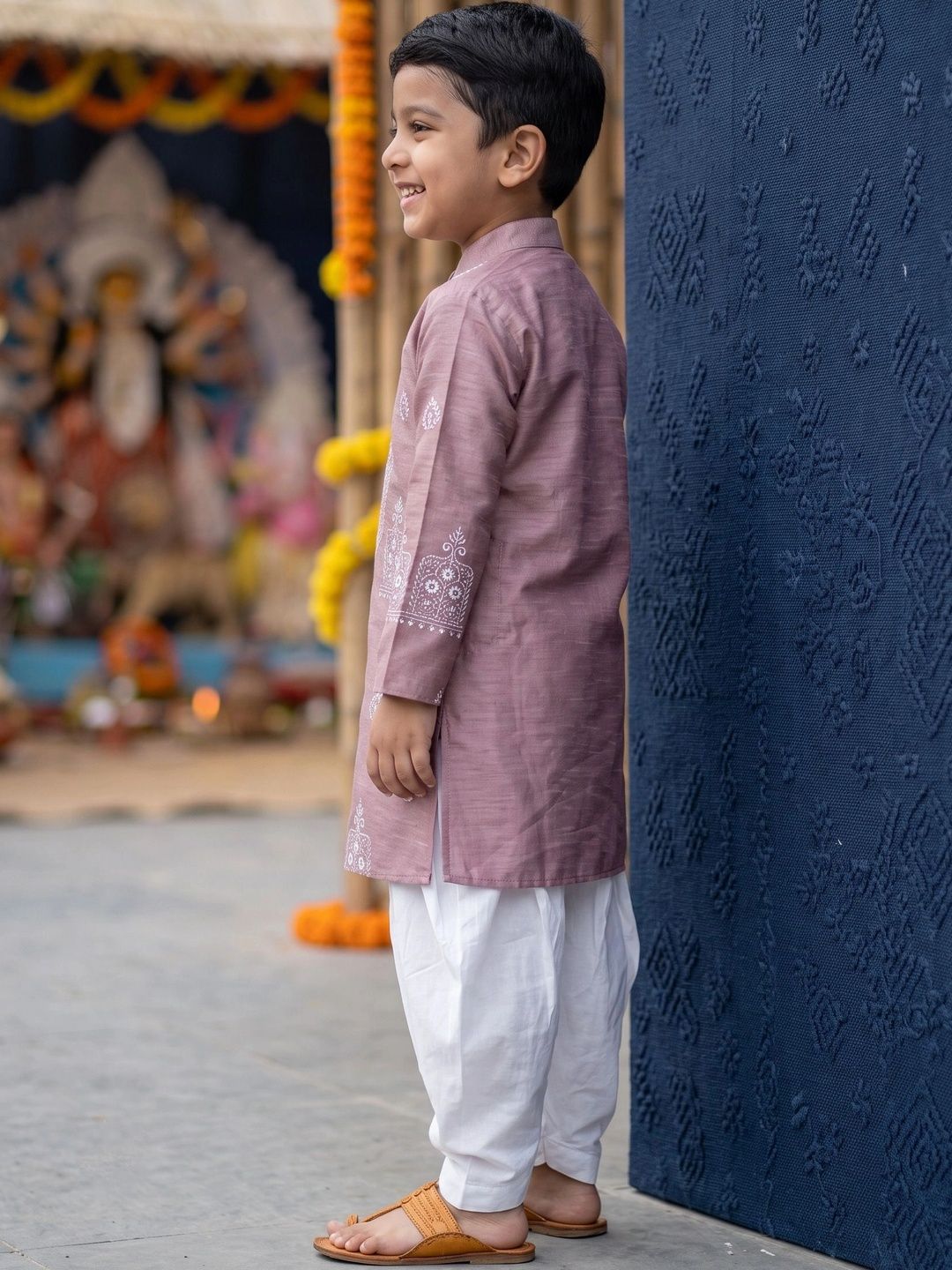 Boys Ethnic Motifs Embroidered Work Raw Silk Kurta with Dhoti Pants