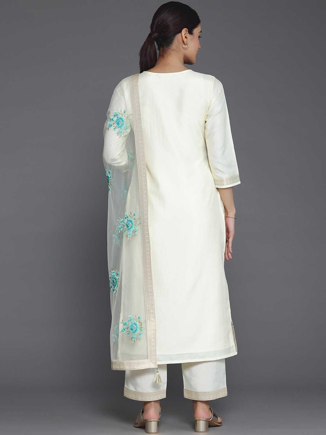 Cream Coloured Ethnic Woven Design Straight Kurta with Trousers & Dupatta