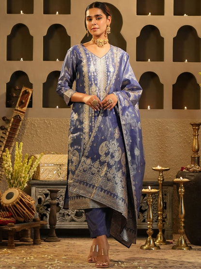 Floral Woven Design V-Neck Liva Zari Straight Kurta & Trousers With Dupatta