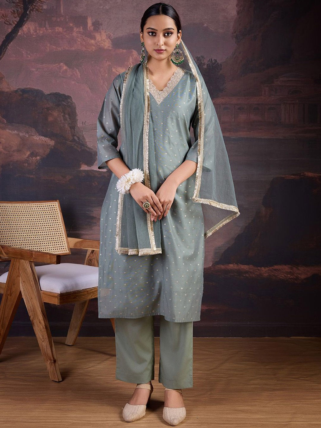 Floral Woven Design Straight Kurta With Trousers & Dupatta