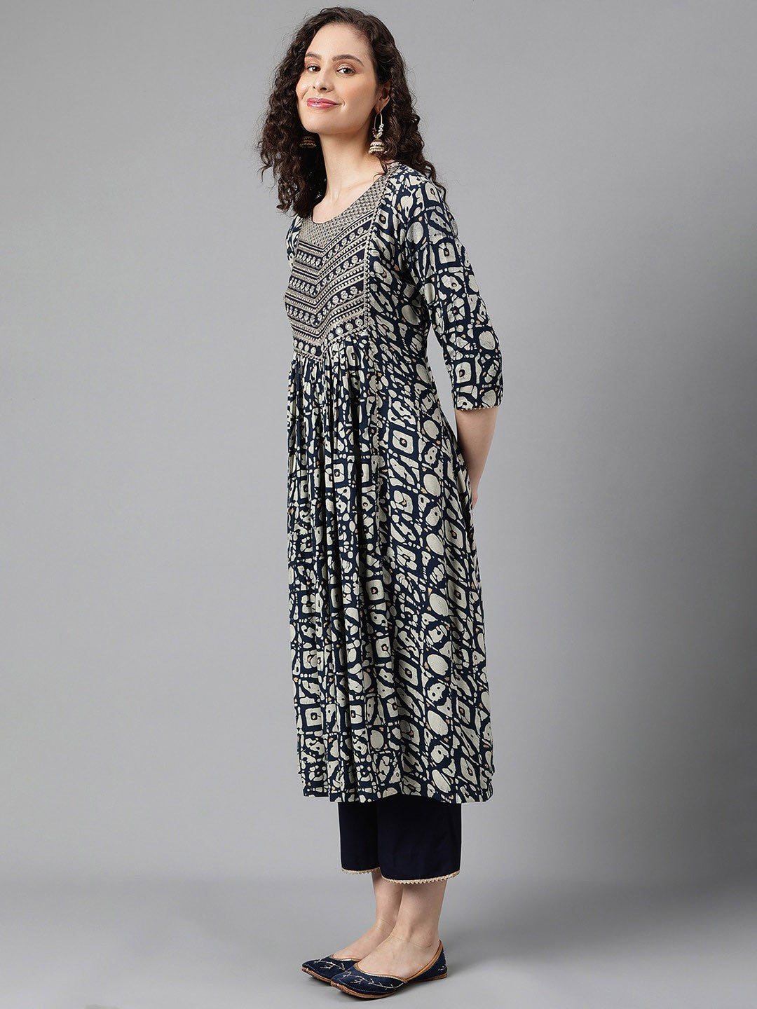 Printed Empire Thread Work Kurta with Palazzos & With Dupatta