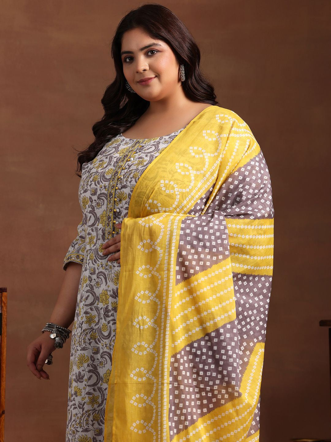 Plus Size Floral Printed Pure Cotton Kurta with Salwar & Dupatta