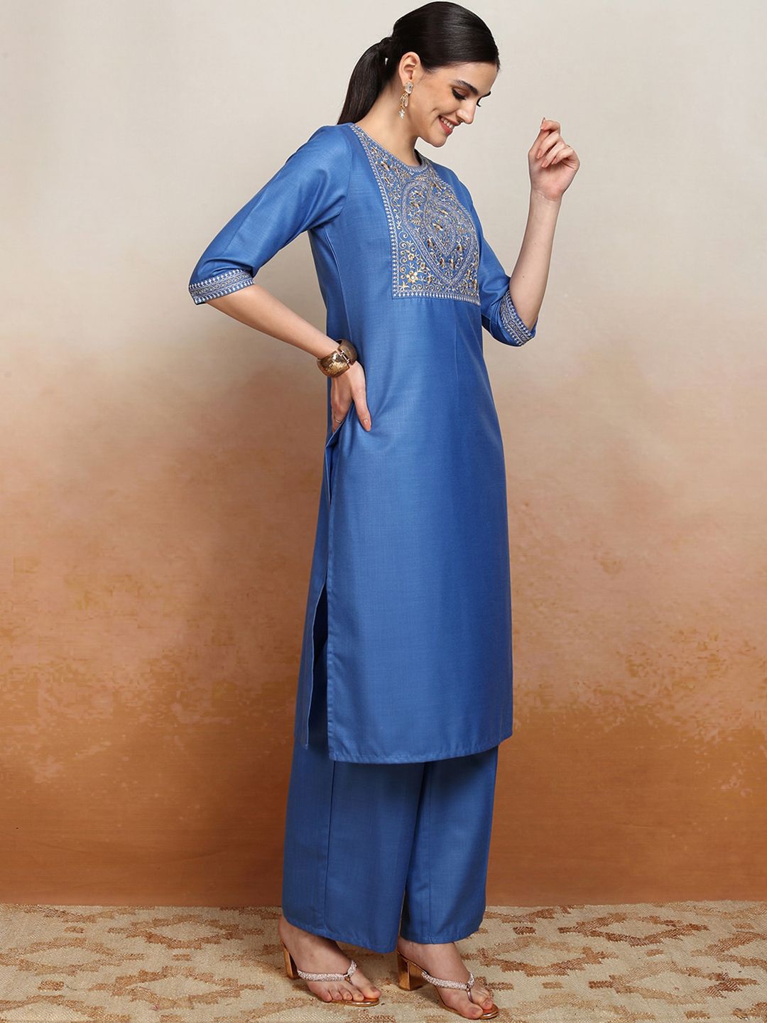 Women Embroidered Straight Kurta With Palazzo & Dupatta