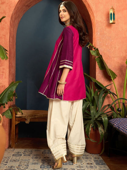 Women Cotton Silk Gota Patti Work High-Low Kurti With Farshi Salwar