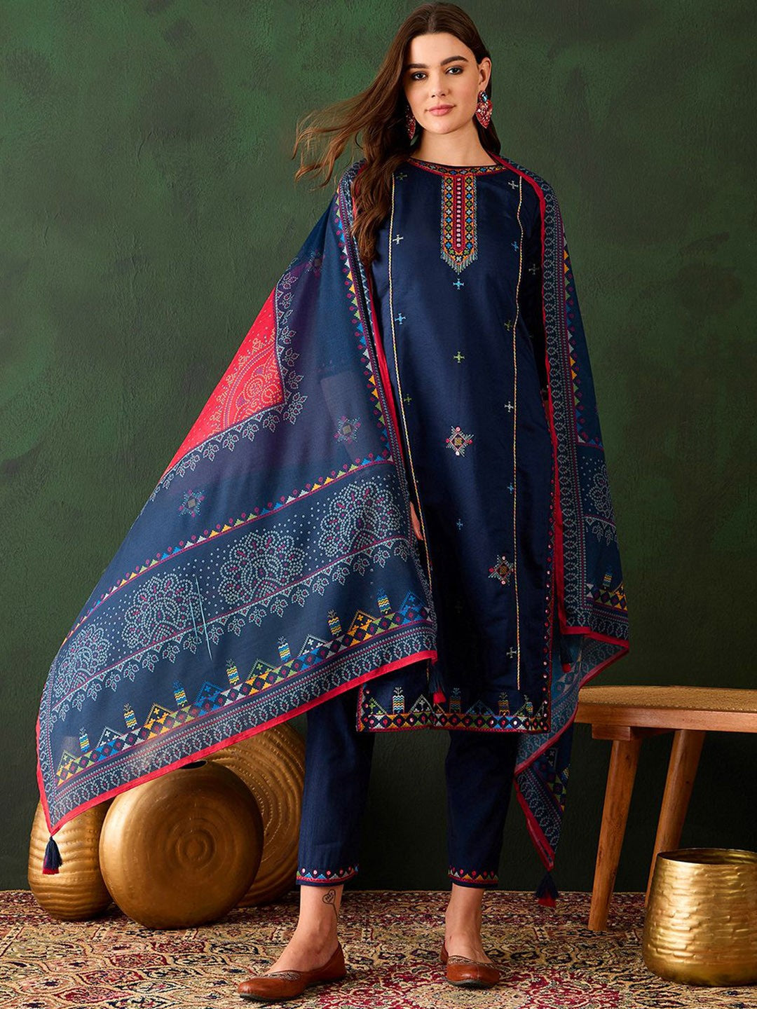 Geometric Embroidered Sequinned Straight Kurta & Trouser With Dupatta