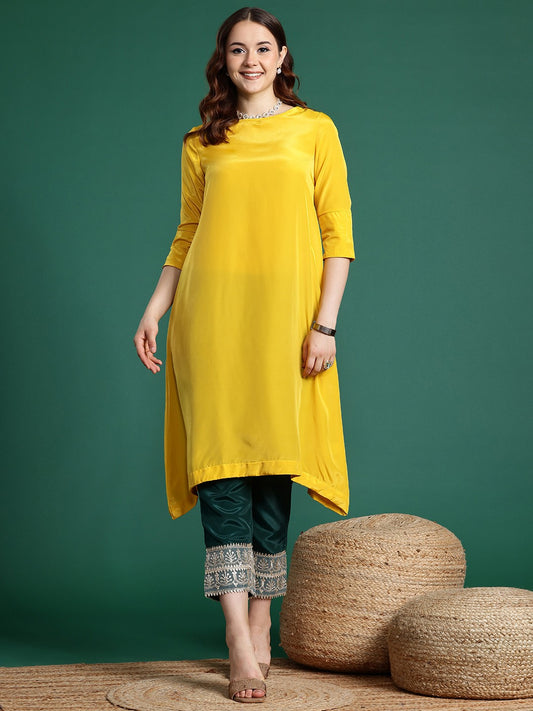 Satin Asymmetric Hem Kurta with Sequinned Trousers