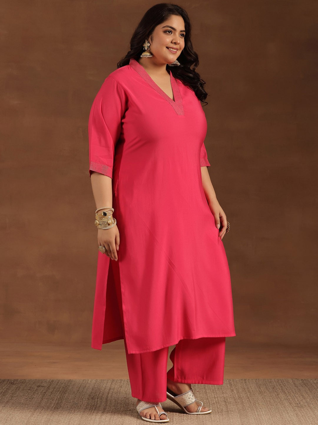 Plus Size V-Neck Regular Straight Kurta With Palazzos & Dupatta