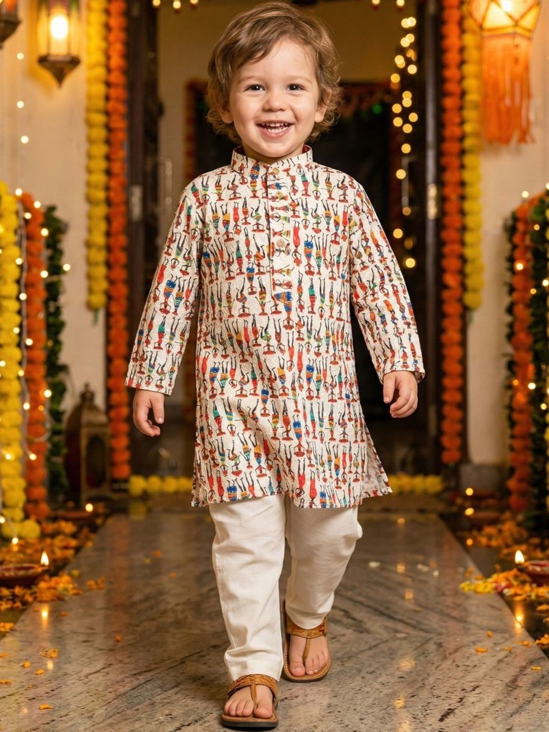 Boys Ethnic Motifs Embroidered Regular Chikankari Pure Cotton Kurta with Pyjamas
