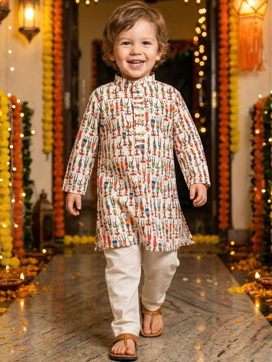 Boys Ethnic Motifs Embroidered Regular Chikankari Pure Cotton Kurta with Pyjamas