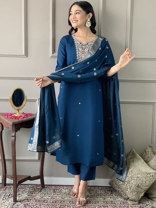 Embroidered Chanderi Cotton Kurta with Trousers & Dupatta